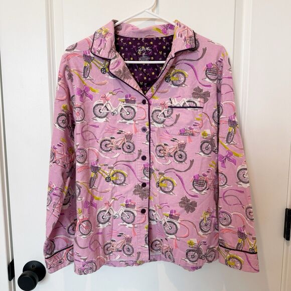 Nick & Nora Other - Nick & Nora Pink Bicycle Flannel Pajama Button Top Size Medium Cozy Warm Soft